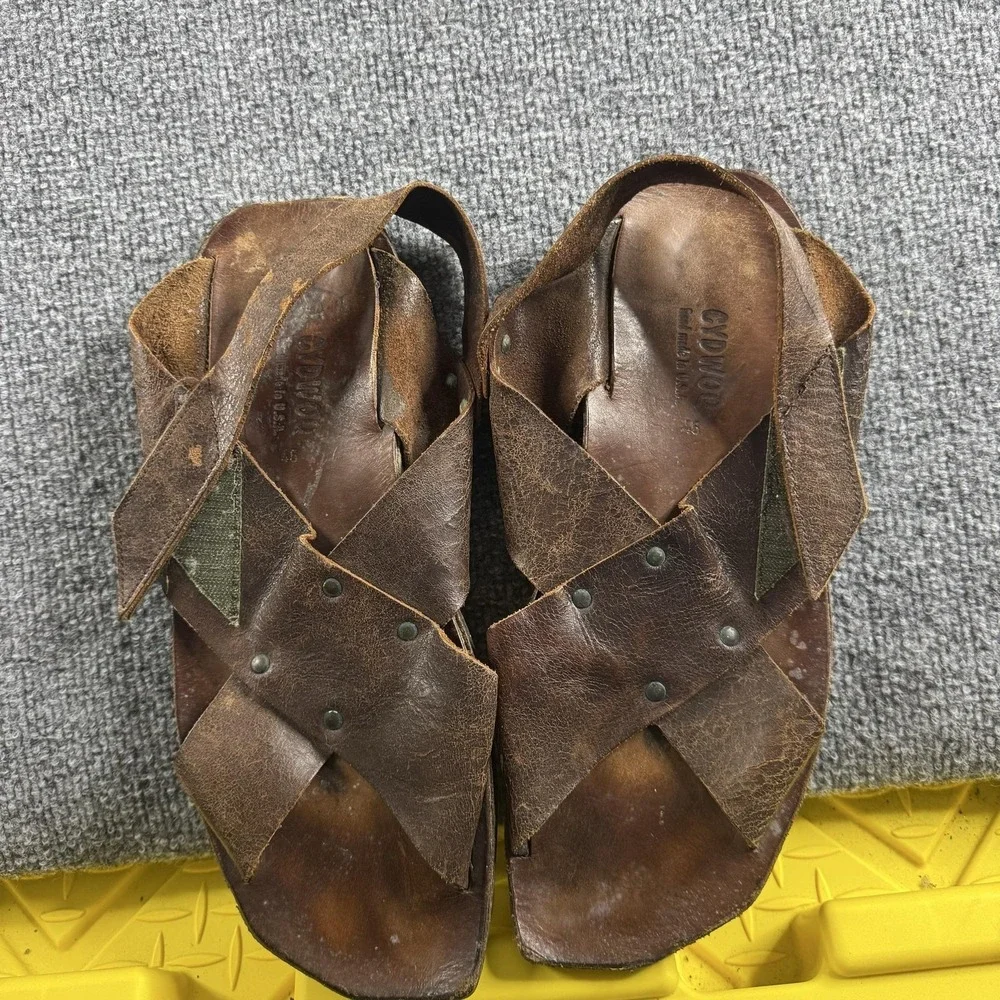 CYDWOQ Sandals Mens Size 12 Brown Leather Strappy Slip On Handmade In USA